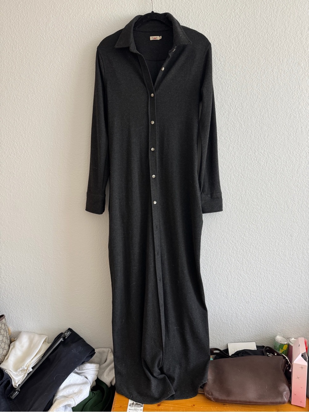 FAHERTY Legend button up Maxi Dress Soft Flannel Heathered Black Grey Twill S